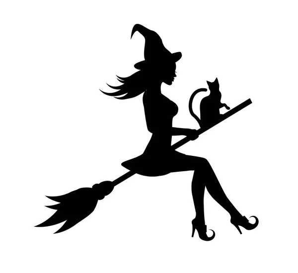 Black Graceful Silhouette Beautiful Witch Cat Flying Broomstick — Stock Vector