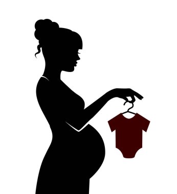 omuz askıları bebek giysileri ile tutan siyah siluet hamile kadın