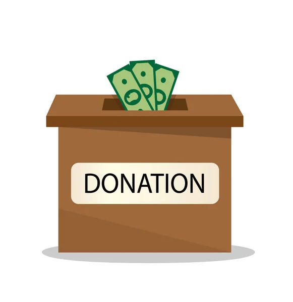 Donatie Box Bruin Papier Geld Zetten Witte Achtergrond — Stockvector