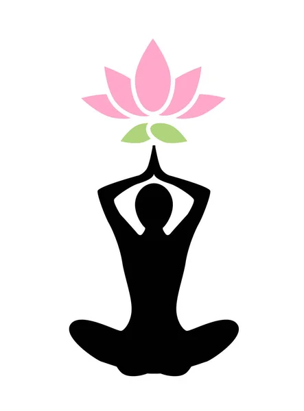 Silueta Humana Pose Yoga Una Flor Loto Hojas — Vector de stock