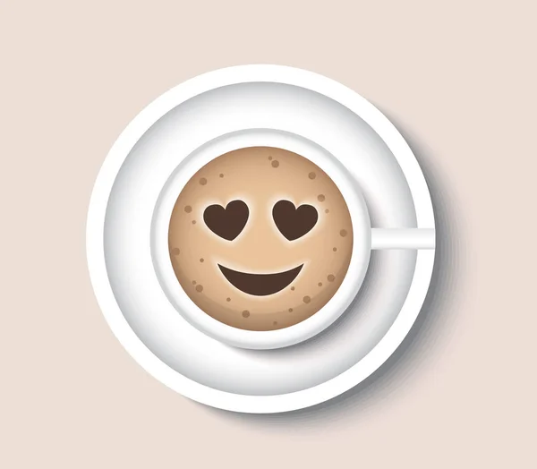 Taza Café Vista Superior Emoticono Con Ojos Forma Corazón — Vector de stock