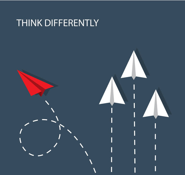 несколько бумажных самолетов летят прямо вверх и один бумажный самолет летит боком и выбирает другой путь
