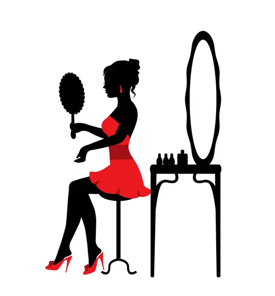 Siluet Seorang Wanita Cantik Duduk Dekat Cermin Dan Melihat - Stok Vektor