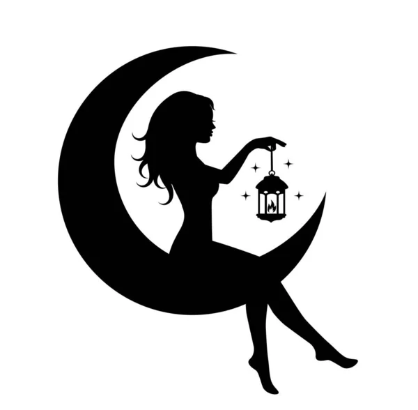 Silhouette Beautiful Girl Sitting Crescent Moon Holds Lantern His Hand — Stock Vector
