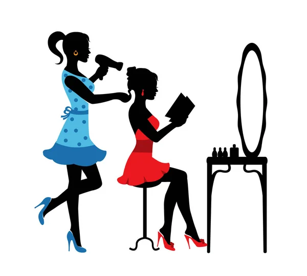 一个女人的剪影坐在镜子前的理发师和另一个女人做她的发型 — 图库矢量图片