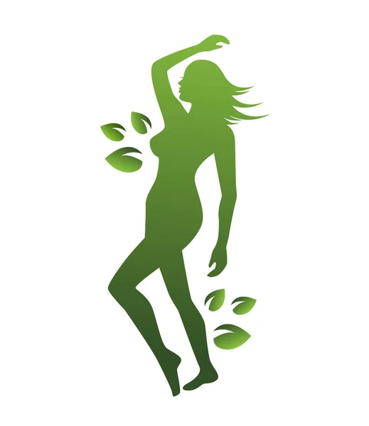 Elegante Silueta Verde Mujer Belleza Naturaleza Hojas Sobre Fondo Blanco — Vector de stock