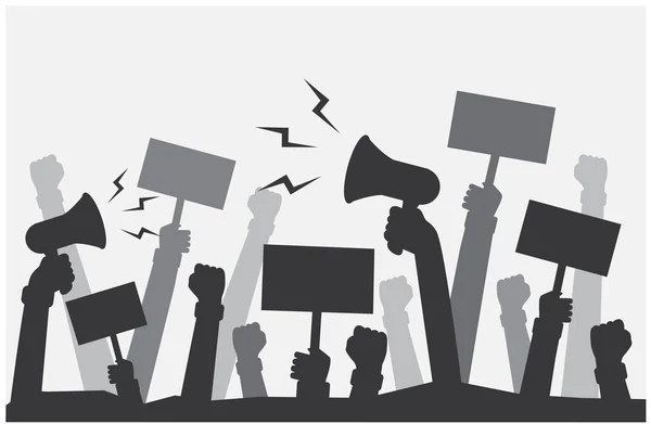 Riots Protestshands Holding Megaphones Dissent Signs — Stock Vector