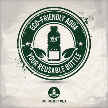 Alternatif Eko şişe damgası içeren içme: iki çevresel ses Eko motifleri daire kare, grunge mürekkep lastik damgası etkisi, dokulu karton kağıt arka plan, eps10 vektör çizim