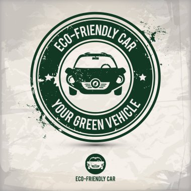alternatif eko dostu cabriolet otomobil damgası içeren: iki çevresel ses Eko motifleri daire kare, grunge mürekkep lastik pul etkisi, dokulu kağıt arka plan, eps10 vektör çizim