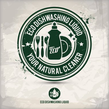 alternatif çevre dostu bulaşık sıvı damgası içeren: iki çevresel ses Eko motifleri daire kare, grunge mürekkep lastik pul etkisi, dokulu kağıt arka plan, eps10 vektör çizim