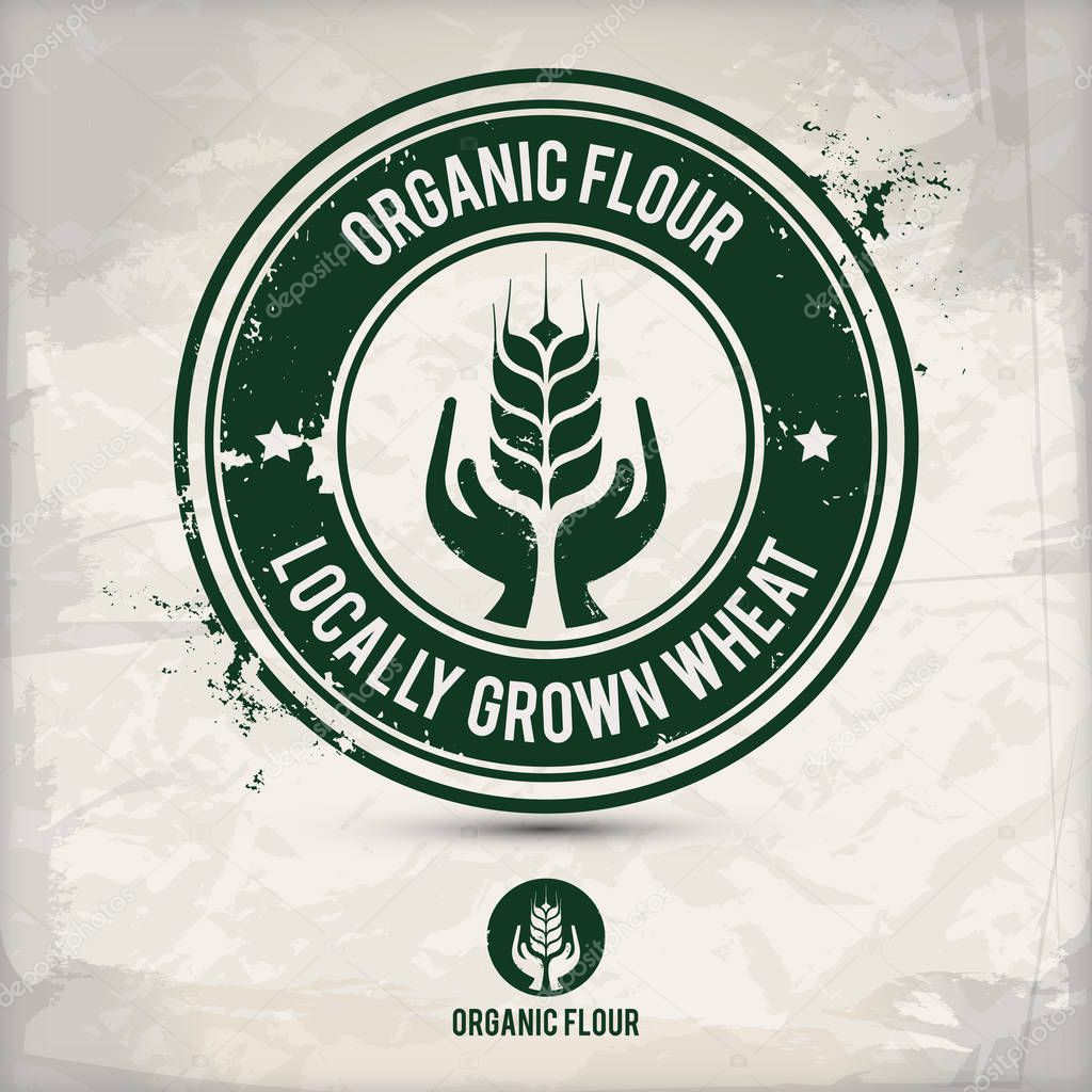 alternative organic flour stamp containing: two environmentally sound eco motifs in circle frames, grunge ink rubber stamp effect, textured paper background, eps10 vector illustration