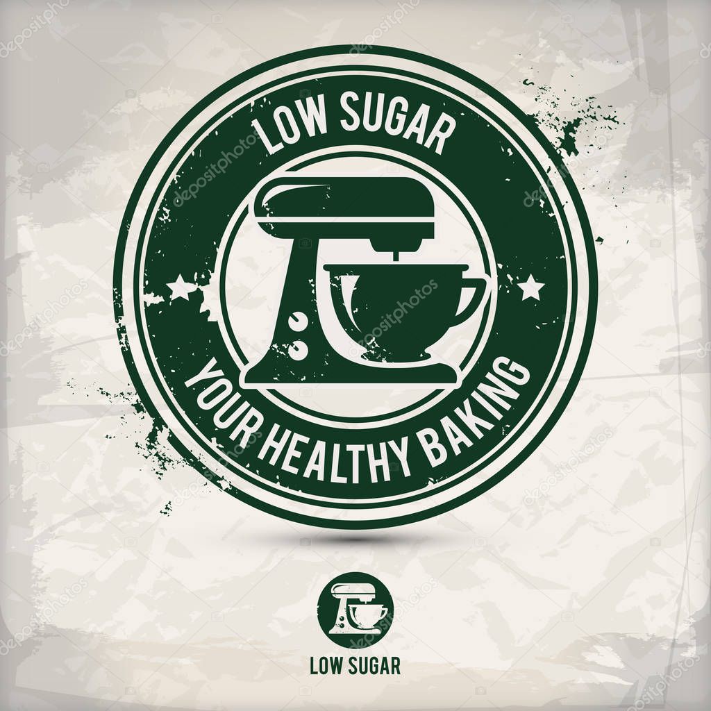 Alternative low sugar stamp containing: two environmentally sound eco motifs in circle frames, grunge ink rubber stamp effect, textured paper background, eps10 vector illustration
