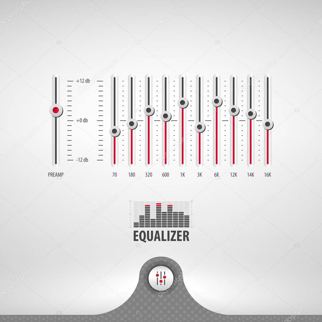 equalizer for media player containing: two audio app designs, equalizer panel, 3d button, textured pattern, stainless steel background, eps10 vector illustration