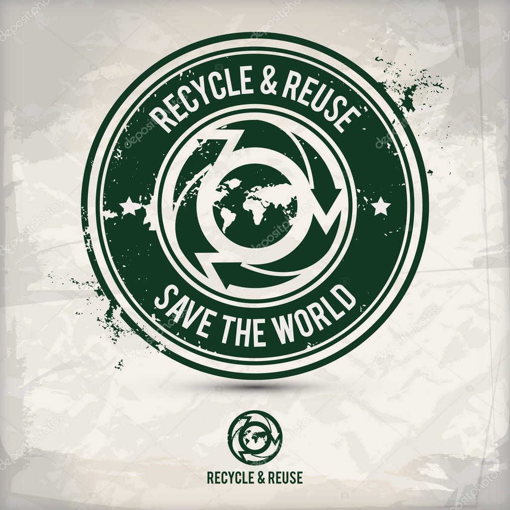 alternative recycling and reusing stamp containing: two environmentally sound eco motifs in circle frames, grunge ink rubber stamp effect, textured paper background, eps10 vector illustration