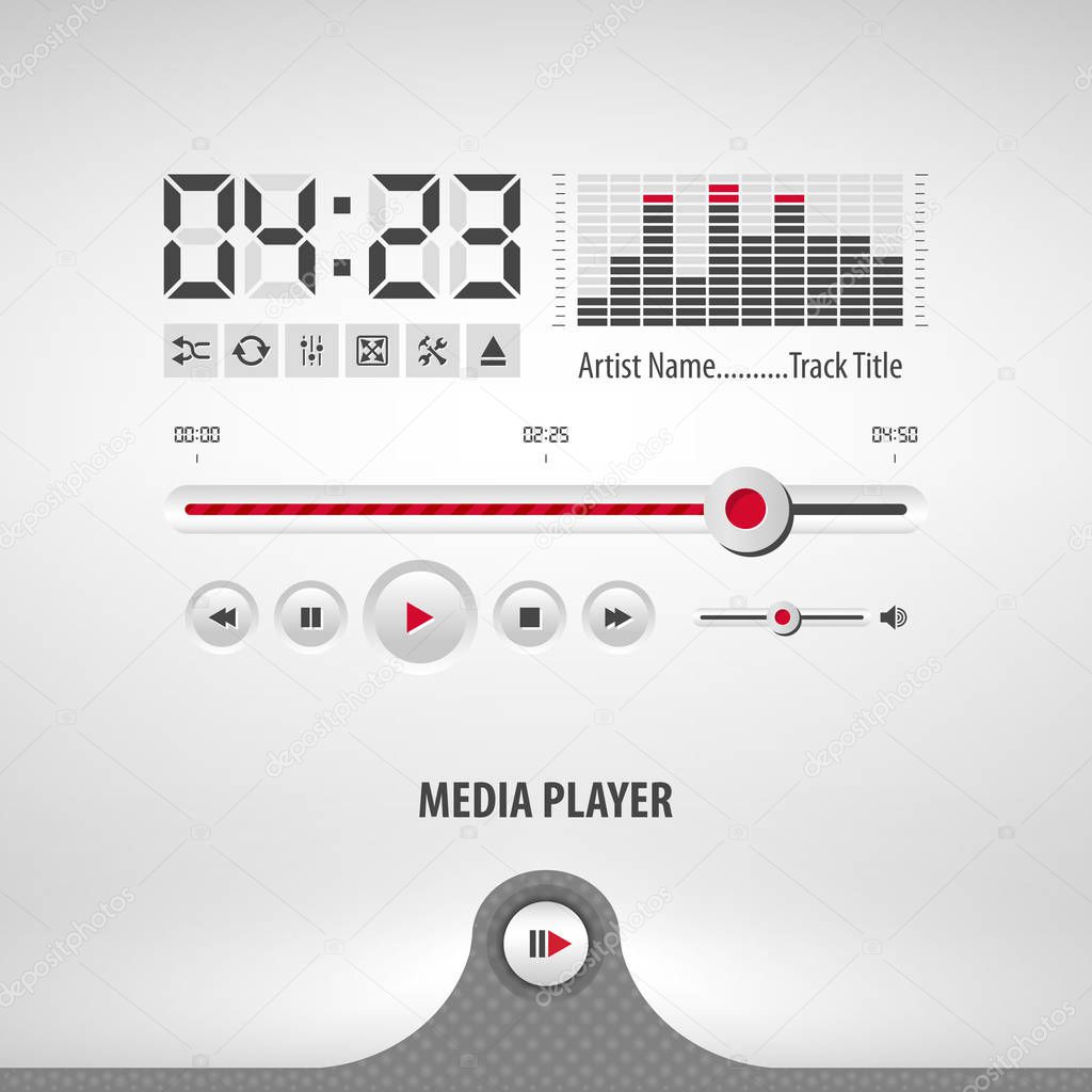 media player containing: two audio app designs, volume control knob, 3d button, textured pattern, stainless steel background, eps10 vector illustration