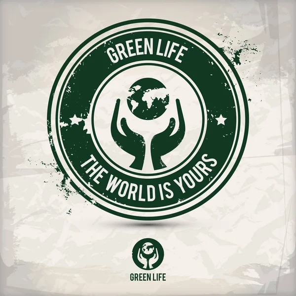另类绿色生活邮票包含 两个环保的生态图案在圆框架 格格油墨橡皮图章效果 纹理纸背景 Eps10 矢量插图 图库矢量图片