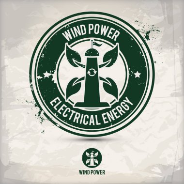 Alternatif Rüzgar enerji damgası içeren: iki çevresel ses Eko motifleri daire kare, grunge mürekkep lastik pul etkisi, dokulu kağıt arka plan, eps10 vektör çizim