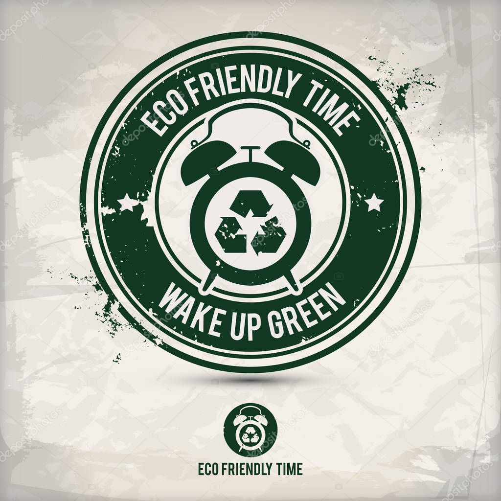 Alternative eco time stamp containing: two environmentally sound eco motifs in circle frames, grunge ink rubber stamp effect, textured paper background, eps10 vector illustration