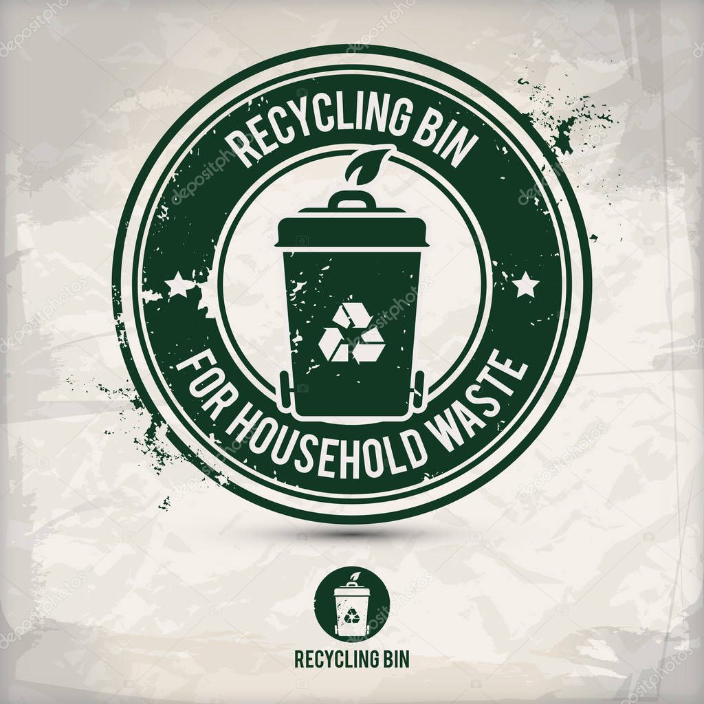 Alternative recycling bin stamp containing: two environmentally sound eco motifs in circle frames, grunge ink rubber stamp effect, textured paper background, eps10 vector illustration