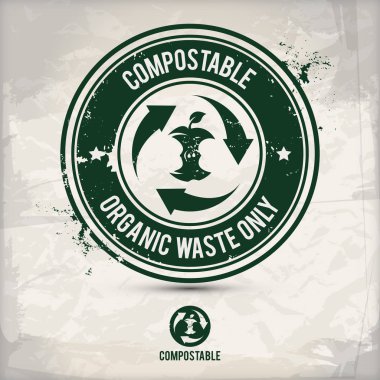 Alternatif compostable atık damgası içeren: iki çevresel ses Eko motifleri daire kare, grunge mürekkep lastik pul etkisi, dokulu kağıt arka plan, eps10 vektör çizim