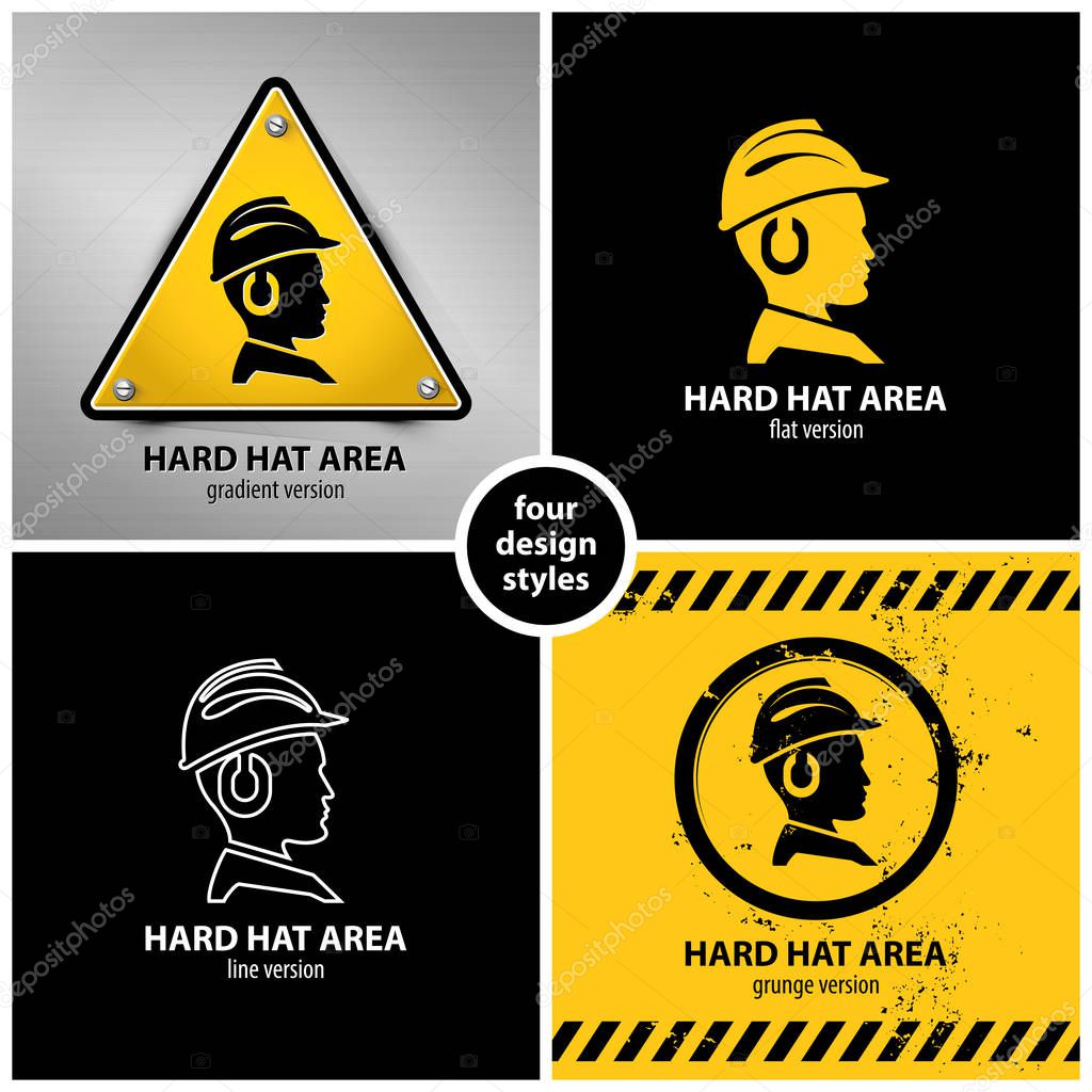 Set of hard hat area symbols containing four unique design elements in different variations: gradient, flat, line and grunge style, eps10 vector illustration