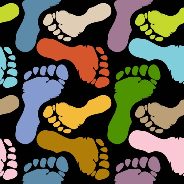 A fekete háttér pasztell színű lábnyomának folytonos mintája — Stock Vector