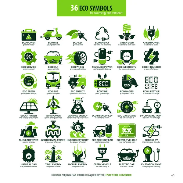 36 símbolos para la energía ecológica y el transporte — Vector de stock
