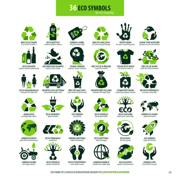 36 símbolos para el reciclado ecológico — Vector de stock