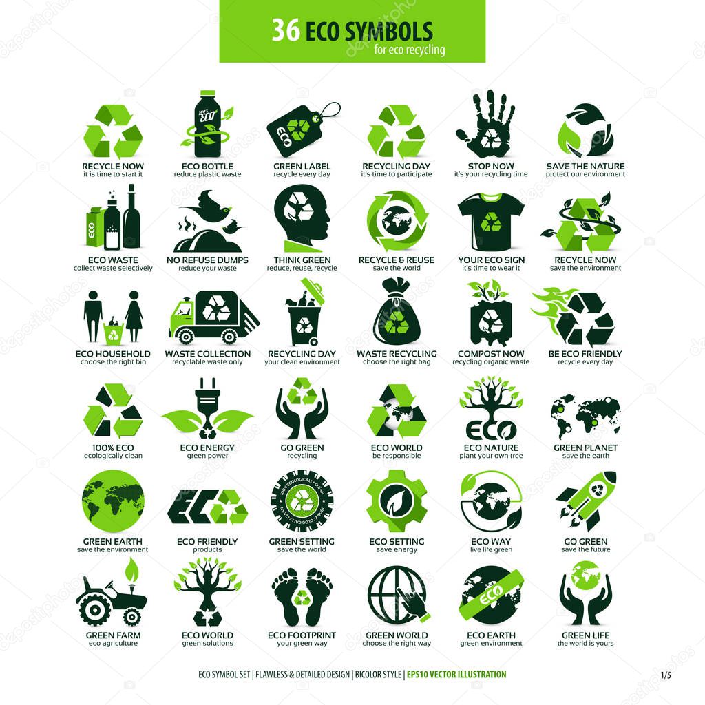 Collections of eco friendly flat symbols, high detailed icons, graphic design web elements, alternative ecological concept, isolated emblems on clean white background, logotype vector art illustration
