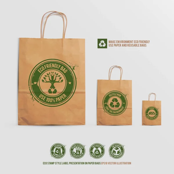 Apresentação rótulo estilo selo ecológico em sacos de papel —  Vetores de Stock