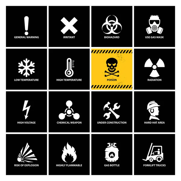 16 varningsetiketter med platta ikoner — Stock vektor
