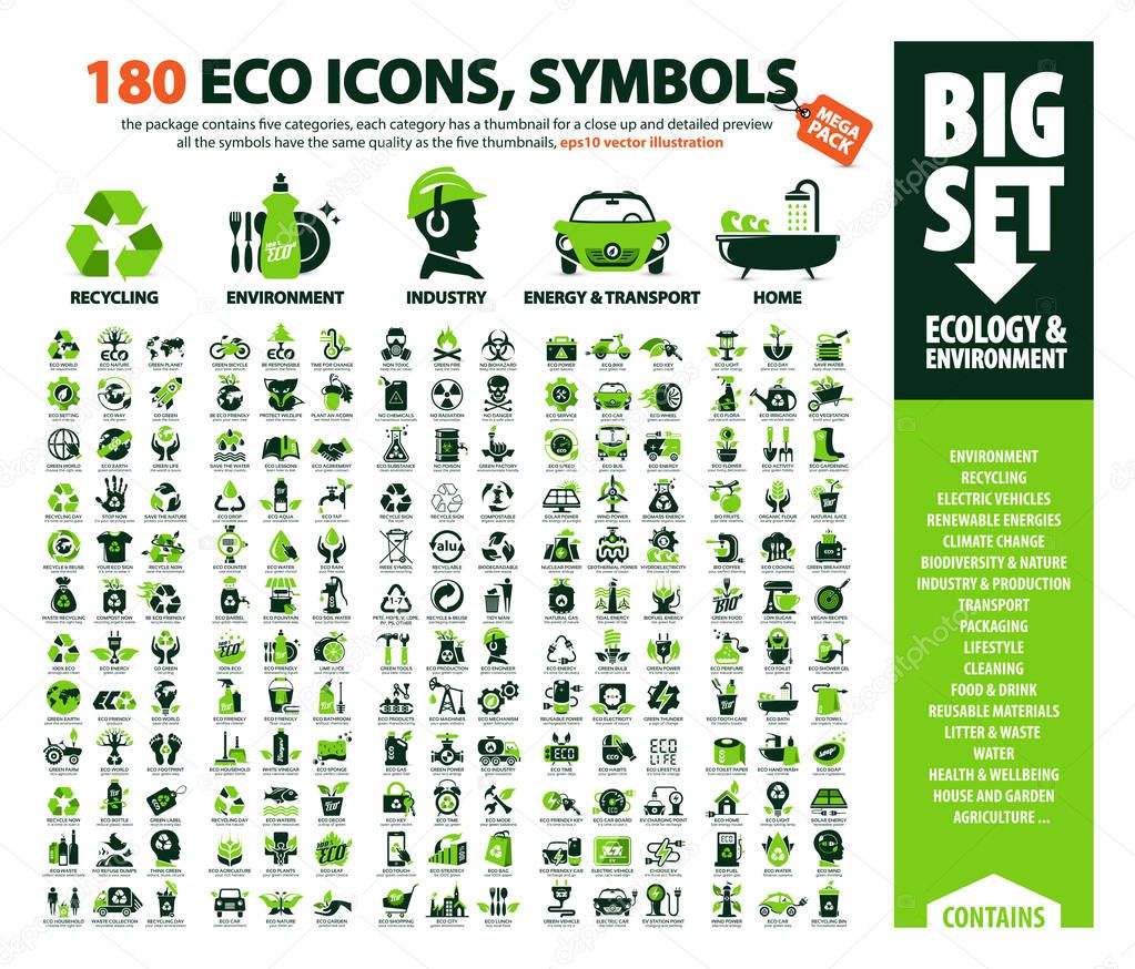 Big vector set of Eco icons, huge pack of ecology & environment themes: alternative renewable energy sources, global warming, climate change, recycling, air pollution, plastic waste, greenhouse effect