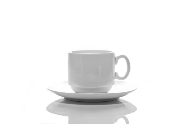 Vide Petite Tasse Café Porcelaine Blanche Sur Une Soucoupe Blanche — Photo