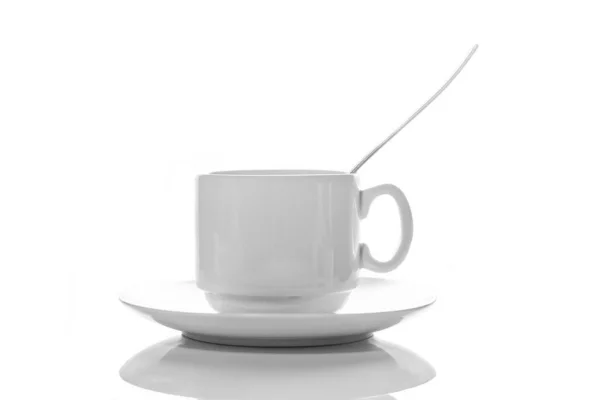 Vide Petite Tasse Café Porcelaine Blanche Avec Une Cuillère Sur — Photo