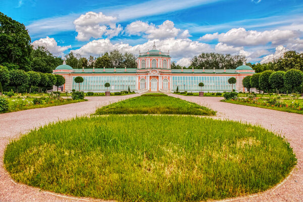 Kuskovo Manor. Greenhouse complex in Kuskovo Park on a Sunny summer day, the estate of count Sheremetev. Architectural and artistic ensemble of the XVIII century. A popular attraction in Moscow. Moscow-June 2020