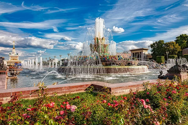 Vdnh Fonte Flores Pedra Centro Exposições Dia Ensolarado Verão Atracção — Fotografia de Stock