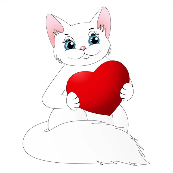 Süße Karikatur Weiße Katze Mit Herz Illustration Zum Valentinstag — Stockvektor