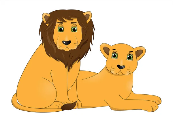 Couple Cute Cartoon Lions — Stock Vector