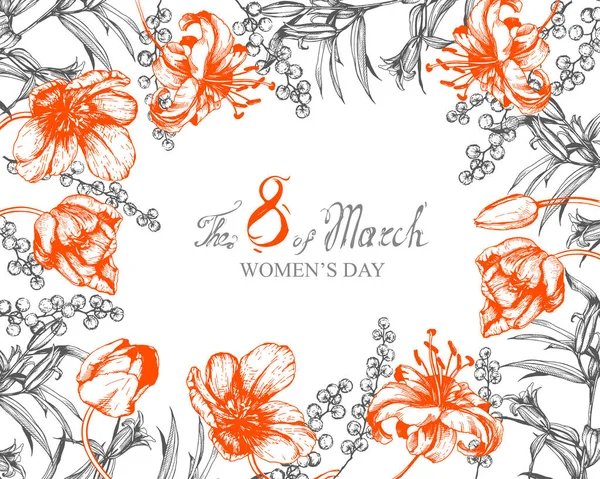 Vector White Background Flowers Composition Frame Tulips Lilies Mimosa — Stok Vektör