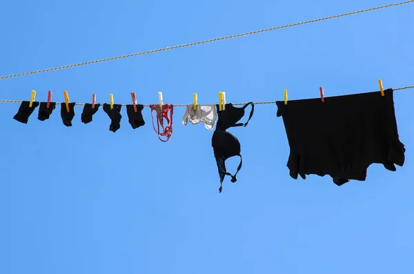 Socks Underwear Hanging Thread Front Saturated Blue Sky Dry — Stock Photo, Image