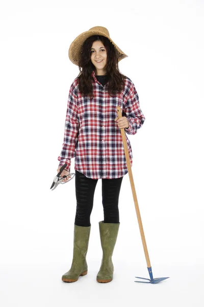 Young Farmer Shears Hoe Hands She Wearing Straw Hat Checked — Stock Photo, Image