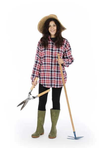 Young Farmer Shears Hoe Hands She Wearing Straw Hat Checked — Stock Photo, Image