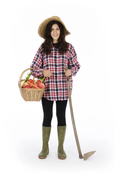 Young Farmer One Arm Holding Basket Fruit Vegetables Other Hoe — Stock Photo, Image