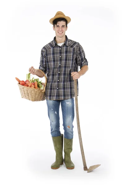 Jovem Agricultor Segurando Braço Segurando Cesto Com Frutas Legumes Com — Fotografia de Stock