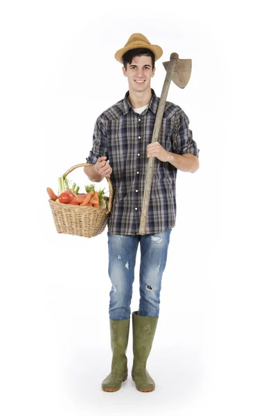 Unga Jordbrukare Hålla Ena Armen Håller Korg Med Frukt Och — Stockfoto
