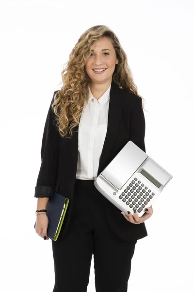 Affärskvinna Som Står Studion Med Dator Och Cash Register Armarna — Stockfoto