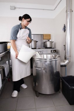 Cheese Maker çelik bir kap içine süt döker