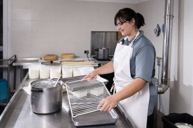 Cheesemaker peynir yapmak için araçları hazırlar
