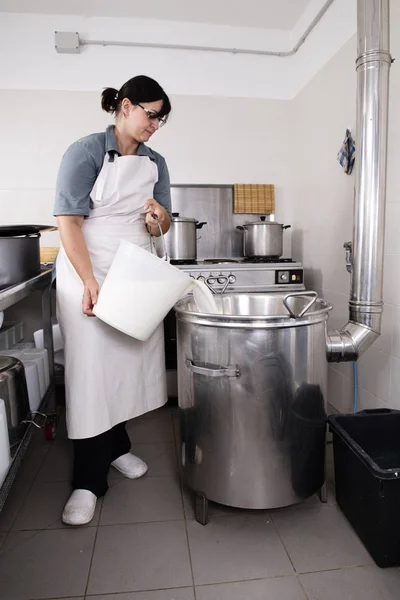 Ser Maker nalewa mleko do stalowego pojemnika — Zdjęcie stockowe