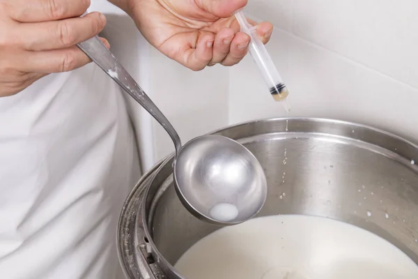 Cheesemaker vierte el cuajo con una jeringa —  Fotos de Stock